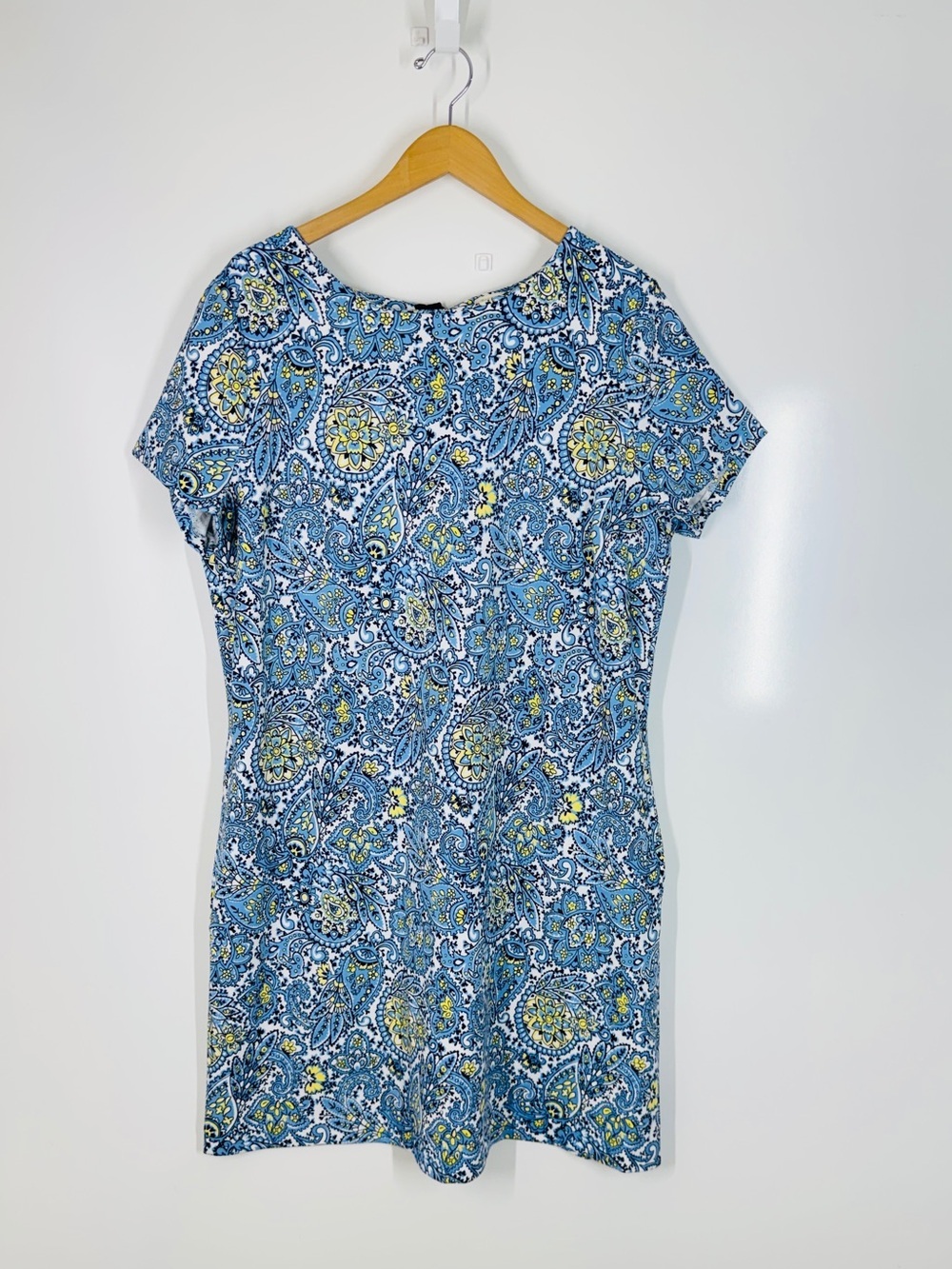 Talbots Women’s Paisley Knit Tunic Dress Blue Yellow XL Stretch Chic Casual